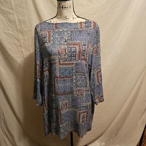 J. Jill Blue/Brown Geometric Pattern Tunic. Women's Size M. 3/4 Sleeve.